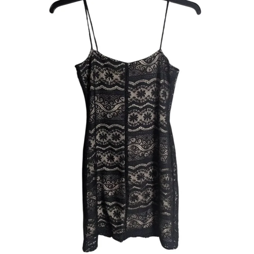 Vintage 90s Poetry Black & Nude Lace Crochet Overlay Slip Mini Dress Juniors M